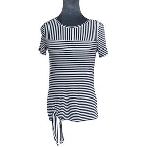 Talbots Petite P Parisian Black White Striped Ribbed Side Tie Short Sleeve Tee